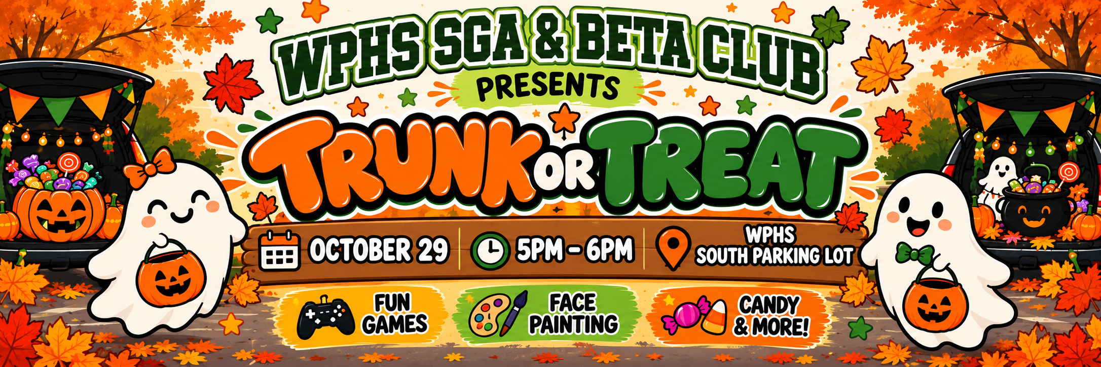 WPHS SGA and Beta Club Trunk or Treat flyer for October 29 from 5:00 to 6:00 p.m. in the WPHS South parking lot, featuring games, face painting, candy, and Halloween activities.