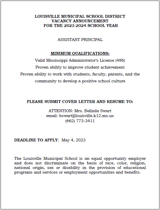 Vacancy Announcement - Assistant Principal