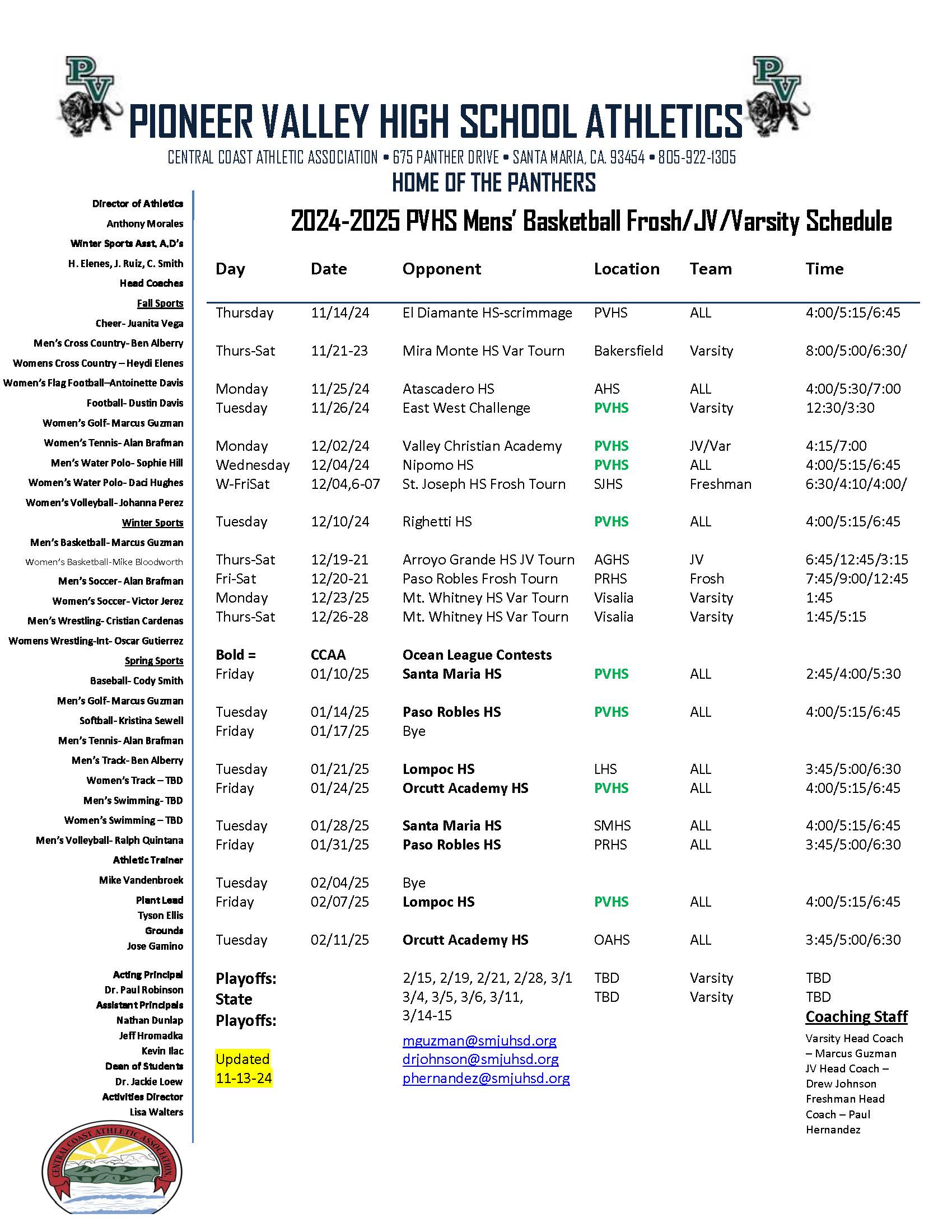 Boys Basketball Schedule