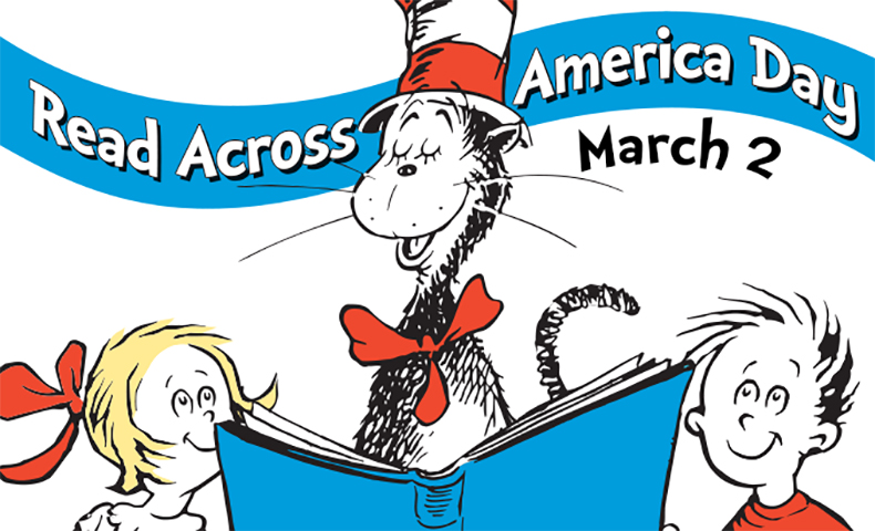 Dr. Seuss Read Across America Day Logo with date of March  2nd