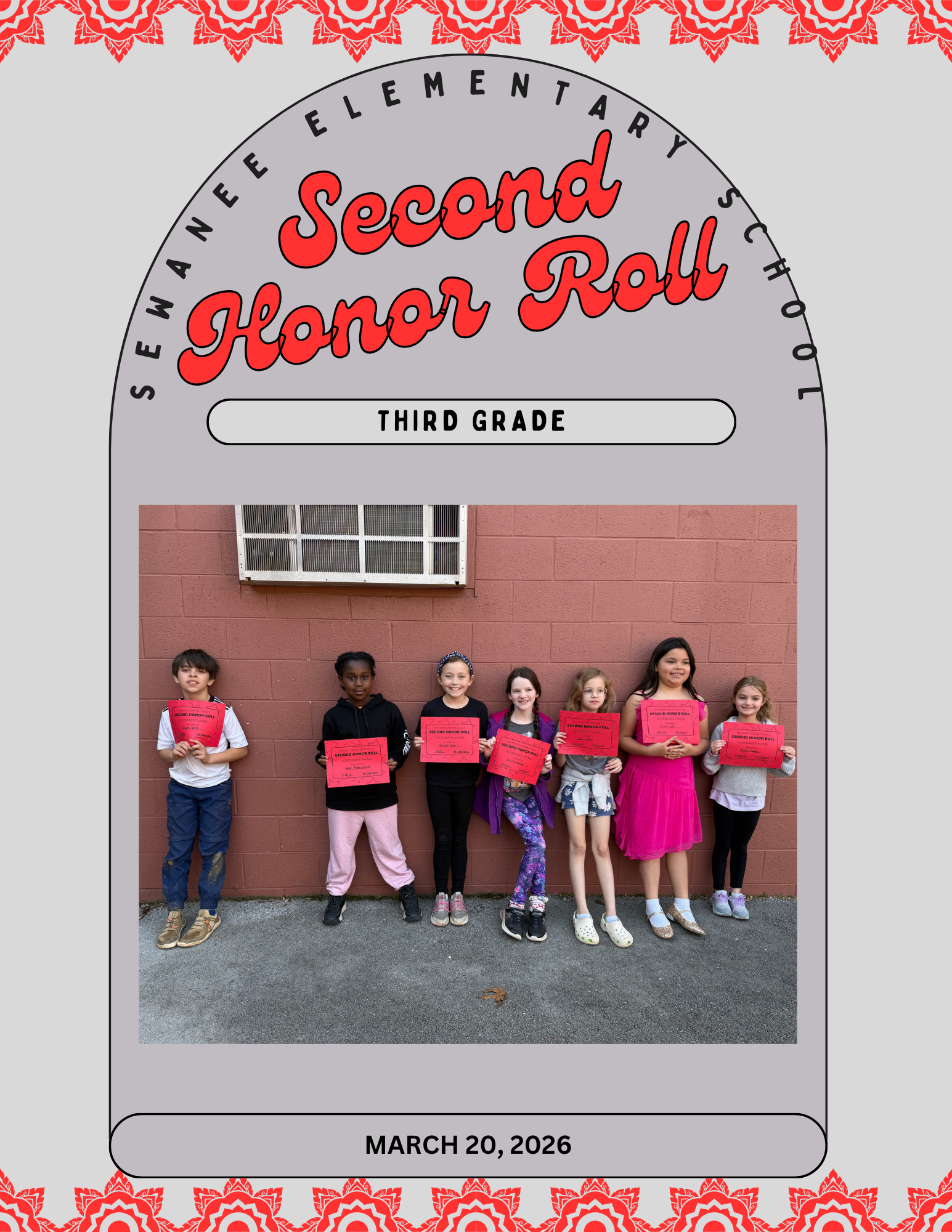 Sewanee Elementary School 3rd Grade Second Honor Roll - March 20, 2026
