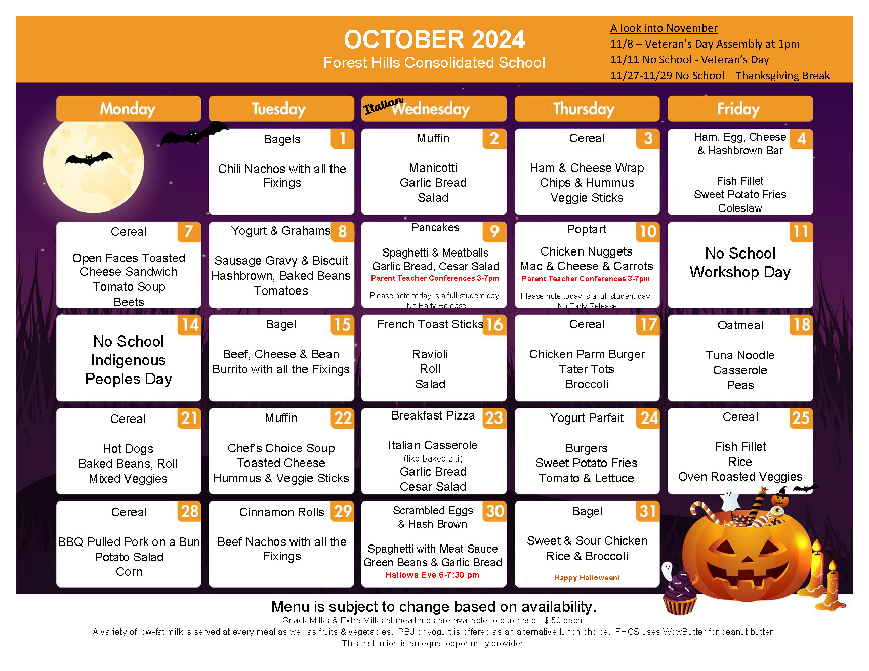 October Meal Menu