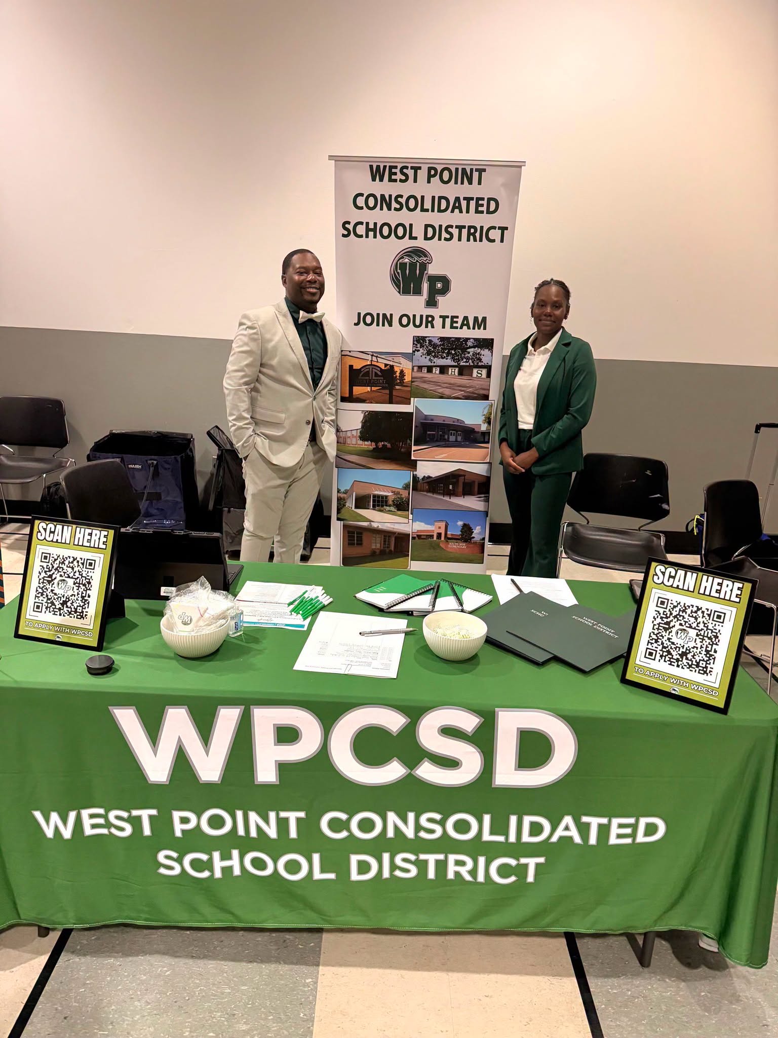 WPCSD administrators Michael Watkins and Trenice Brownlee represent West Point Consolidated School District at the Mississippi State University Teacher Recruitment Fair.