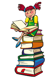 Girl reading on stack of books