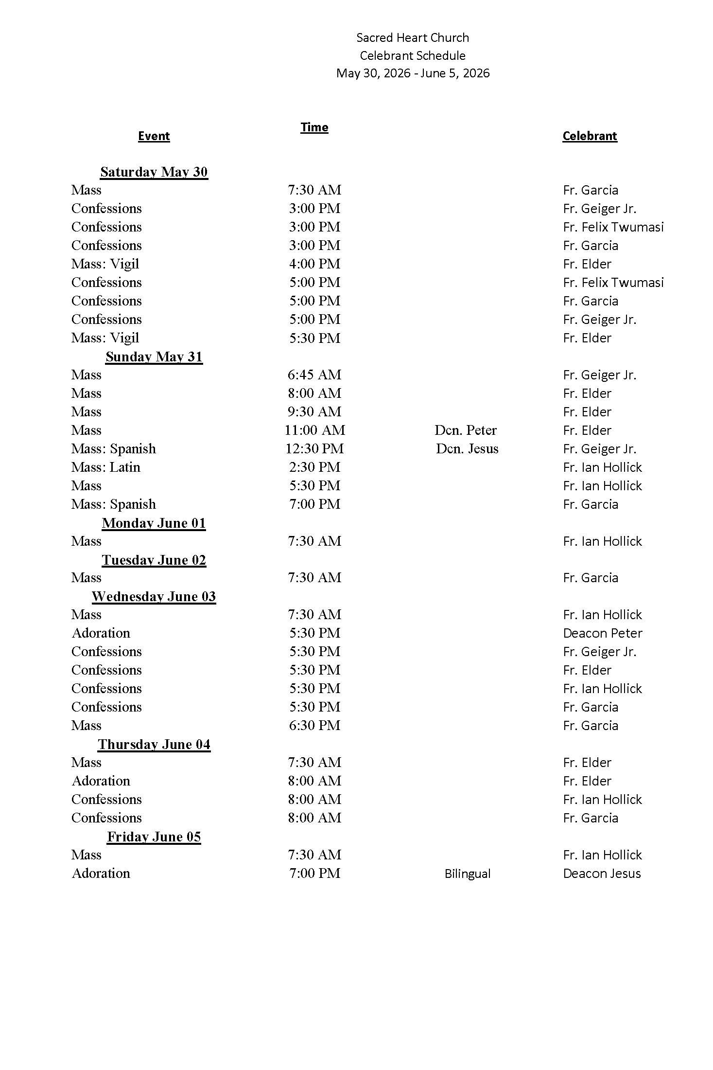celebrant schedule