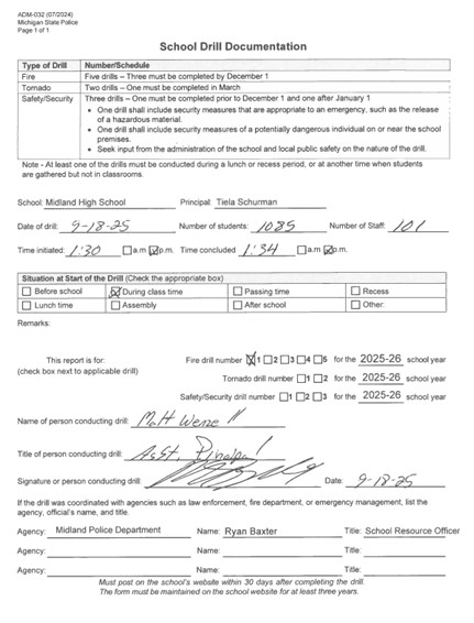 Form for Midland High's first fire drill of 2025-2026 Form for Midland High's first fire drill of 2025-2026