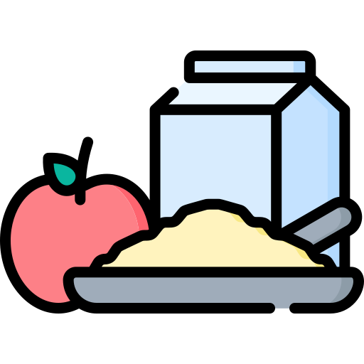 An icon of an apple, a plate of food, and a carton of milk.
