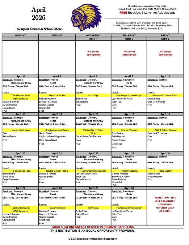 April 2026 Menu April 2026 Menu