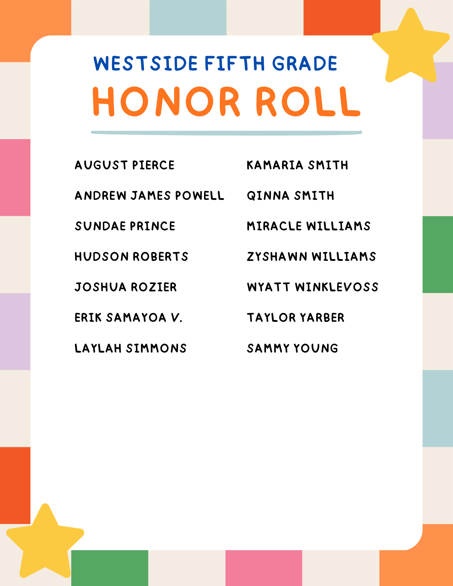 Honor Roll 5th Grade