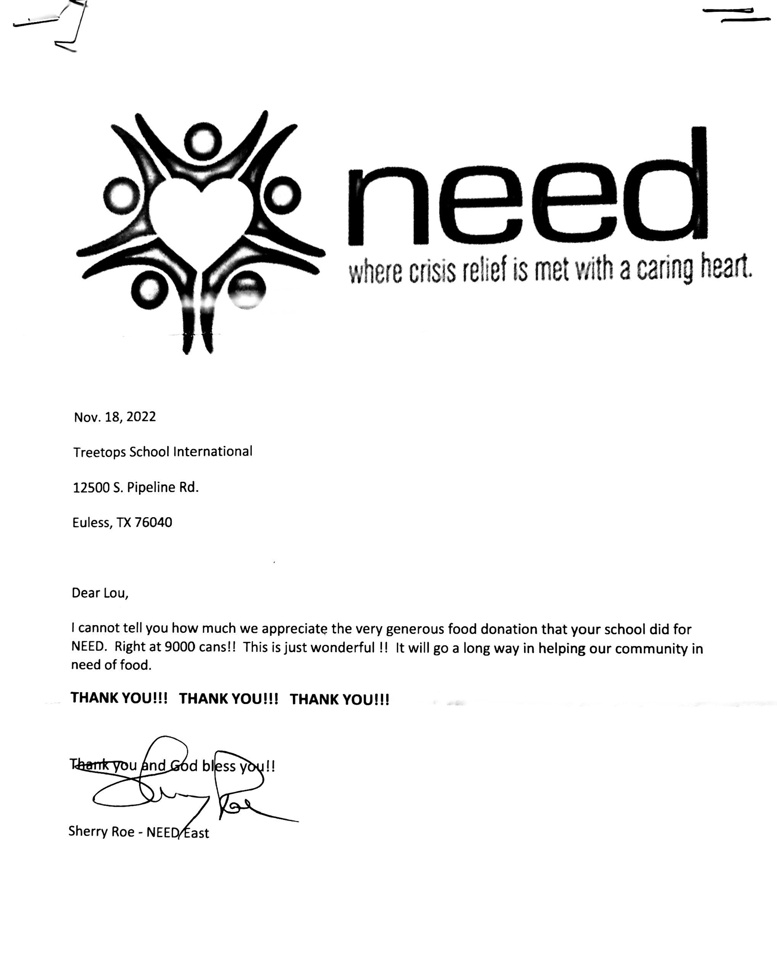 Need - Thank you Letter