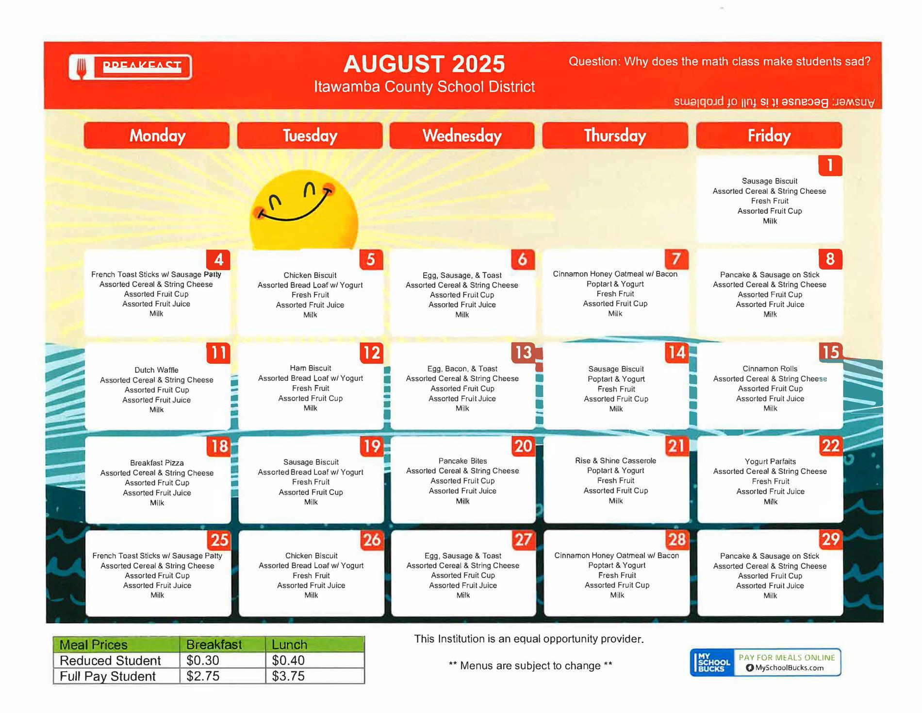 August Lunch Menu