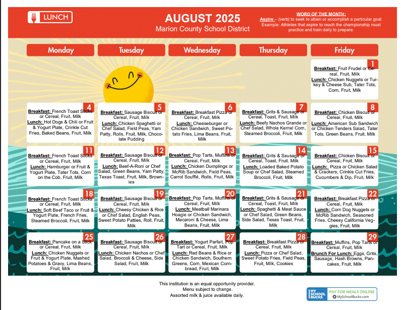 August Lunch Menu 