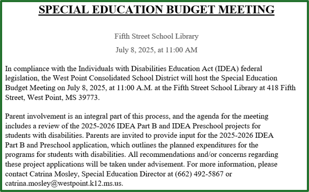 special edu budget mtg notice
