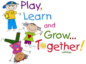 clipart that says "play, learn and grow together" with young children images