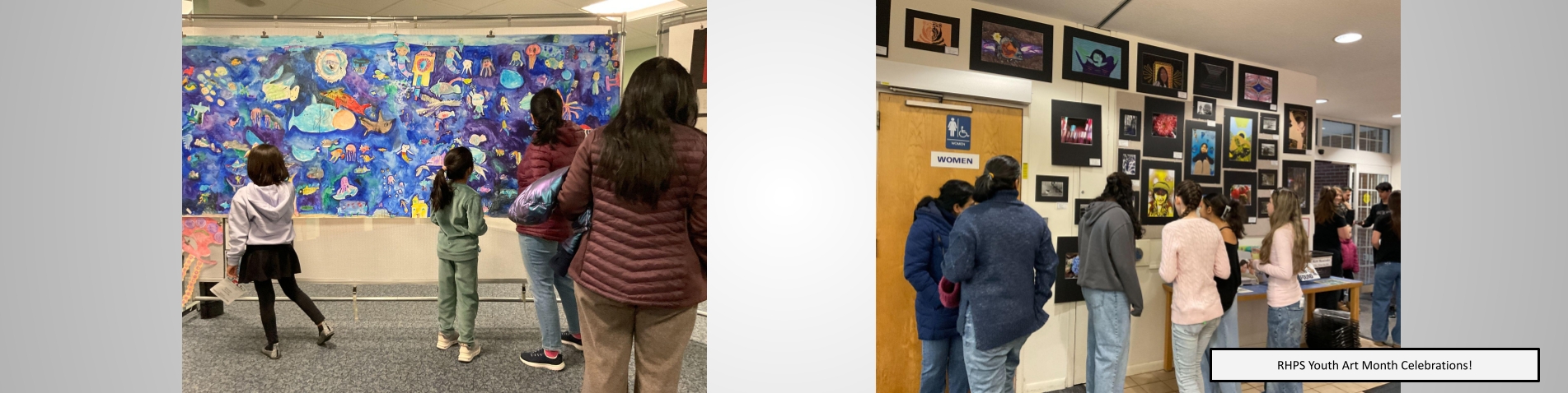 Patrons viewing artwork at the Rocky Hill Library for Youth Art Month celebrations!