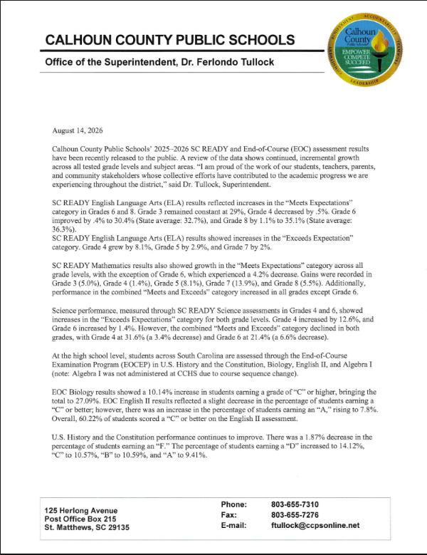 SC Ready Letter from Dr. Tullock