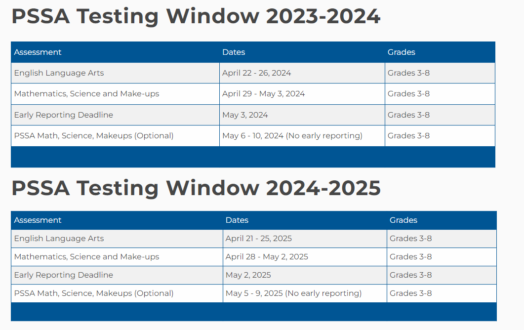 PSSA testing dates