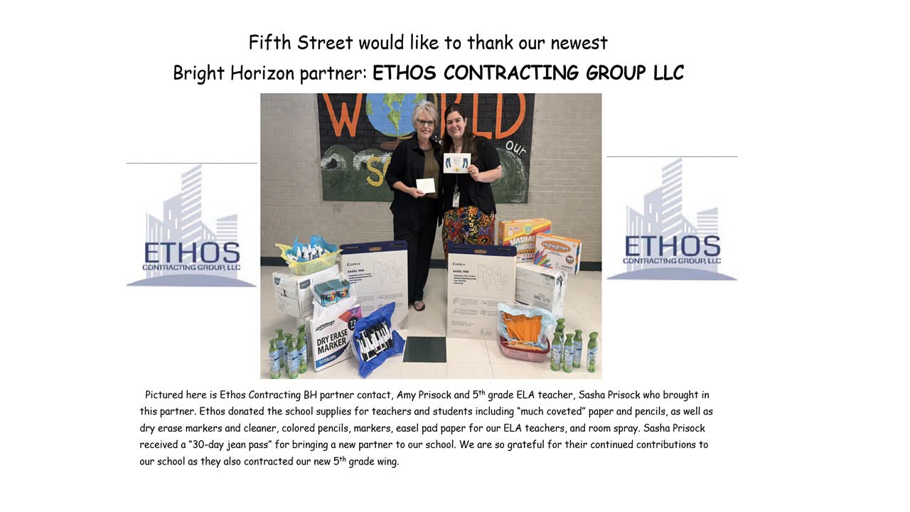 Amy Prisock of ETHOS Contracting Group LLC and Fifth Street 5th grade ELA teacher Sasha Prisock stand behind donated school supplies as Fifth Street recognizes ETHOS as its newest Bright Horizon partner.