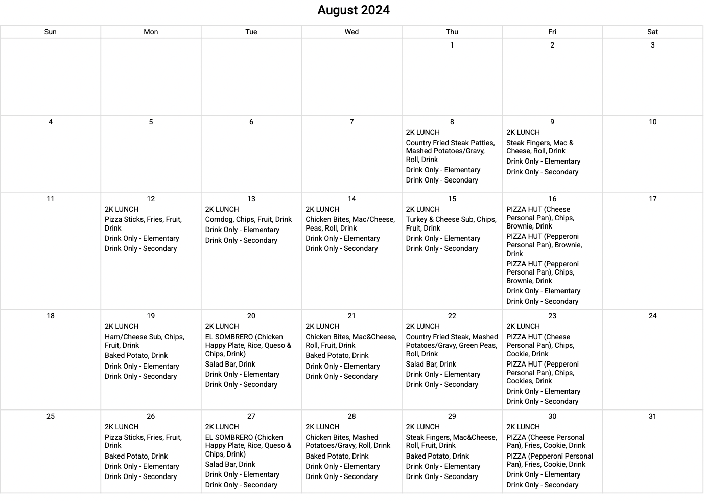 August Menu