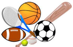 football, basketball, soccer ball, tennis racket and ball, baseball bat and ball