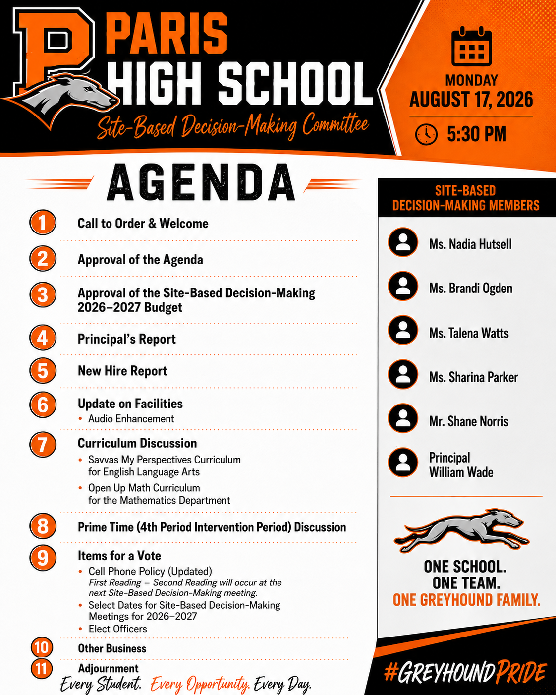 PHS SBDM Council Meeting 8/17/2026