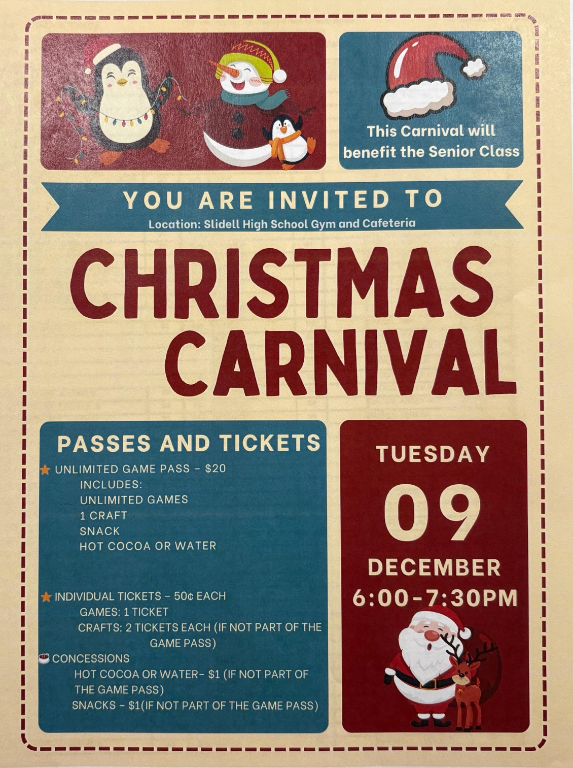 🎄 Save the Date! 🎄 Join us for our Christmas Carnival on Tuesday, Dec. 9, from 6:00–7:30 PM! All proceeds support our senior class. We hope to see you there for a fun and festive evening! 🎅✨