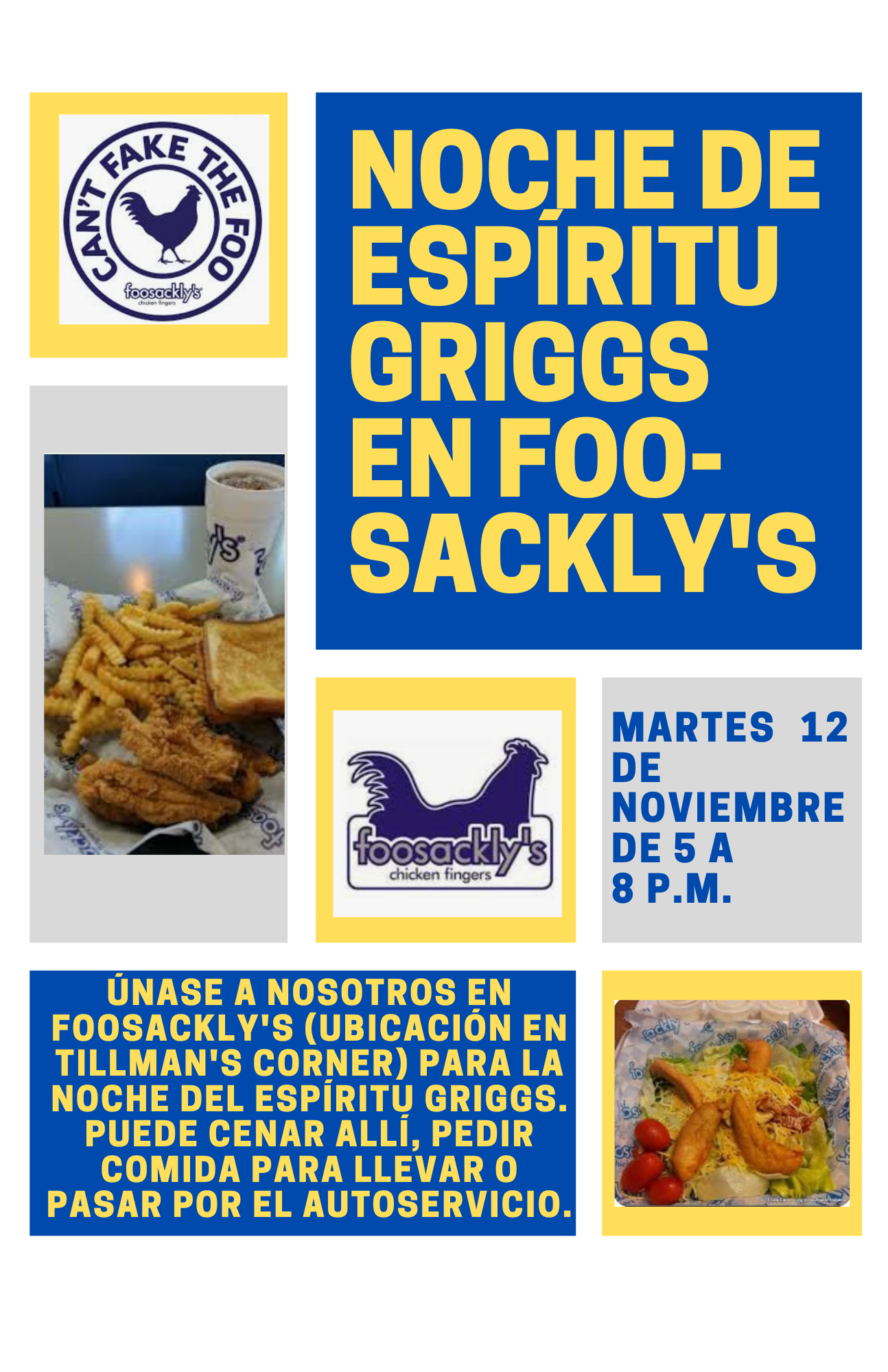 Foosackly's spirit night from 5-8 pm You can dine in, carry out, or go through the drive thru. Griggs makes a portion of the nights sales. Spanish version