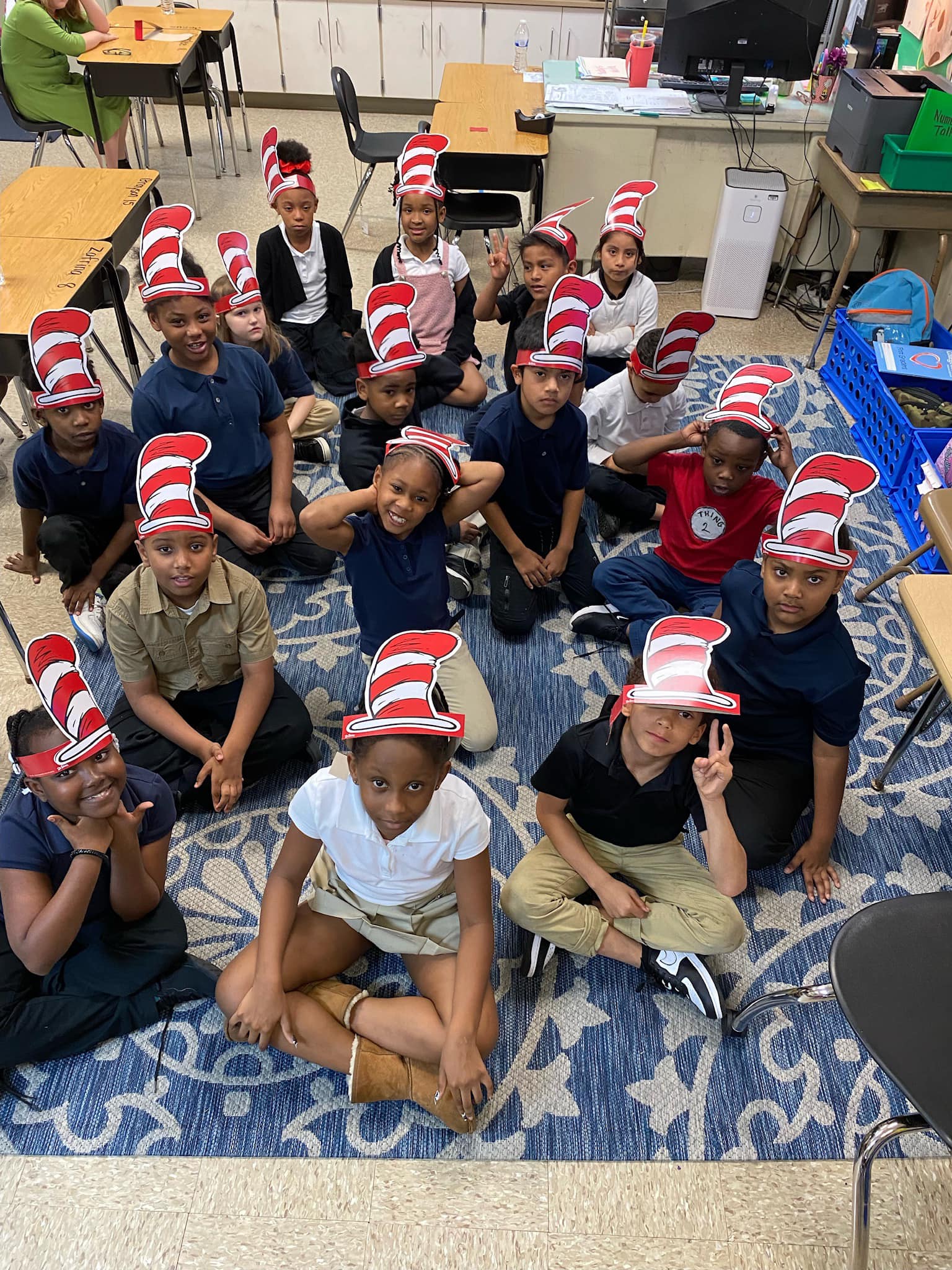 Group of students with Dr. Seuss hats on
