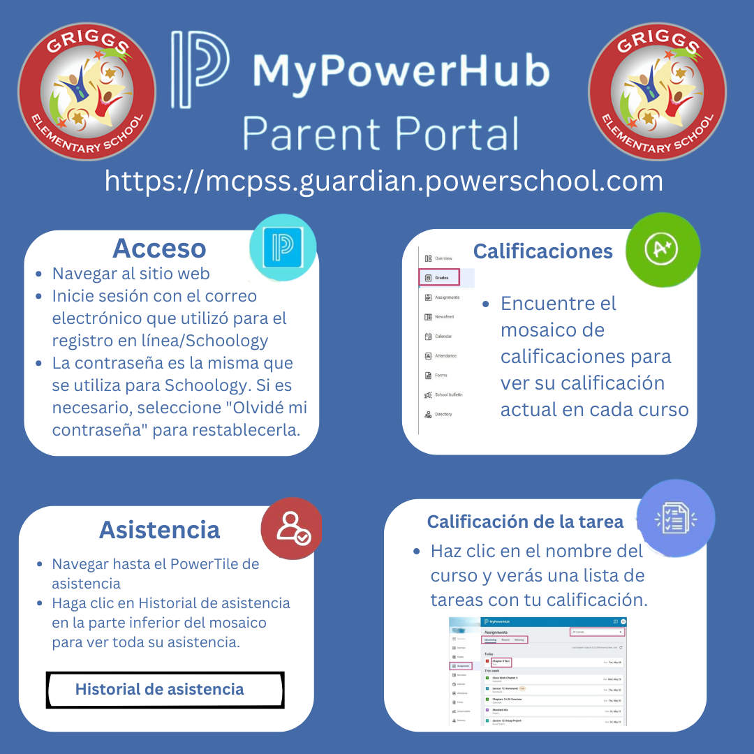 Acceso Navegar al sitio web Inicie sesión con el correo electrónico que utilizó para el registro en línea/Schoology La contraseña es la misma que se utiliza para Schoology. Si es necesario, seleccione "Olvidé mi contraseña" para restablecerla. Calificaciones Encuentre el mosaico de calificaciones para ver su calificación actual en cada curso Asistencia Navegar hasta el PowerTile de asistencia Haga clic en Historial de asistencia en la parte inferior del mosaico para ver toda su asistencia. Calificación de la tarea Haz clic en el nombre del curso y verás una lista de tareas con tu calificación.