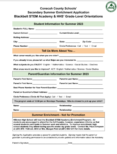 Secondary Summer Enrichment Application