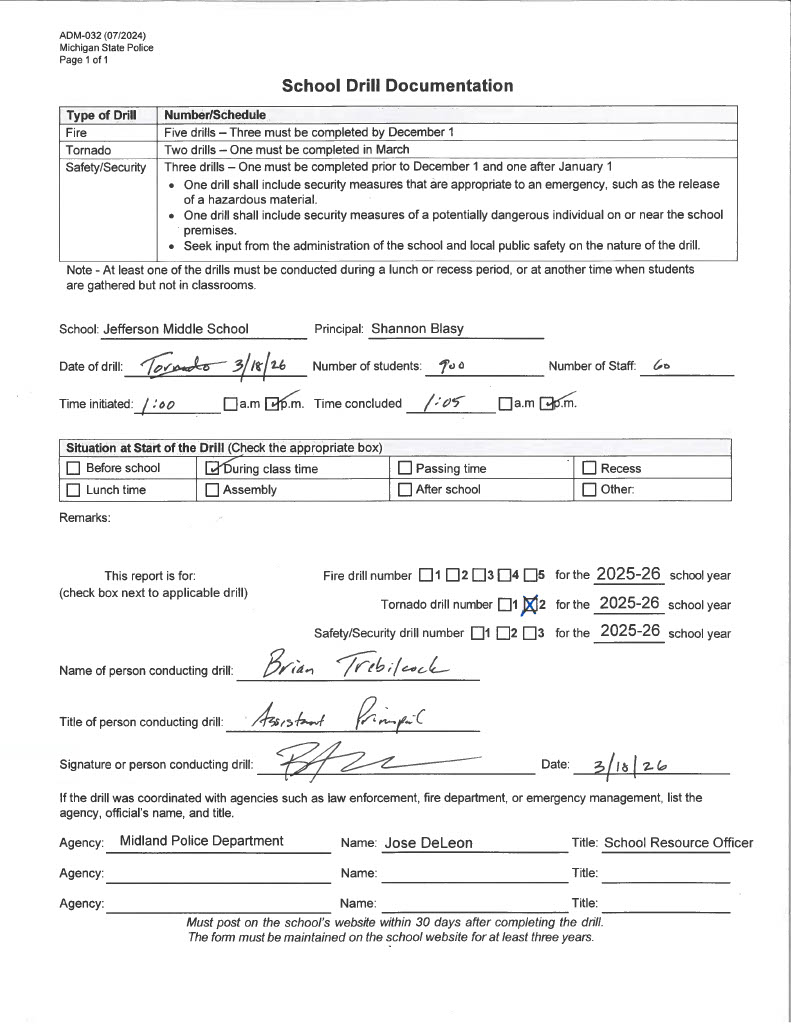 Form for Jefferson Middle School's second tornado drill of 2025-2026