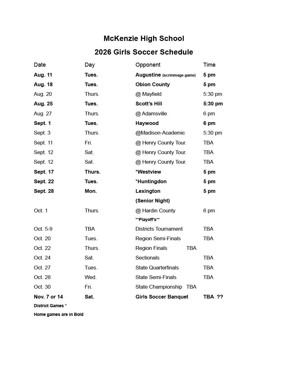 2026 MHS Girls Soccer Schedule