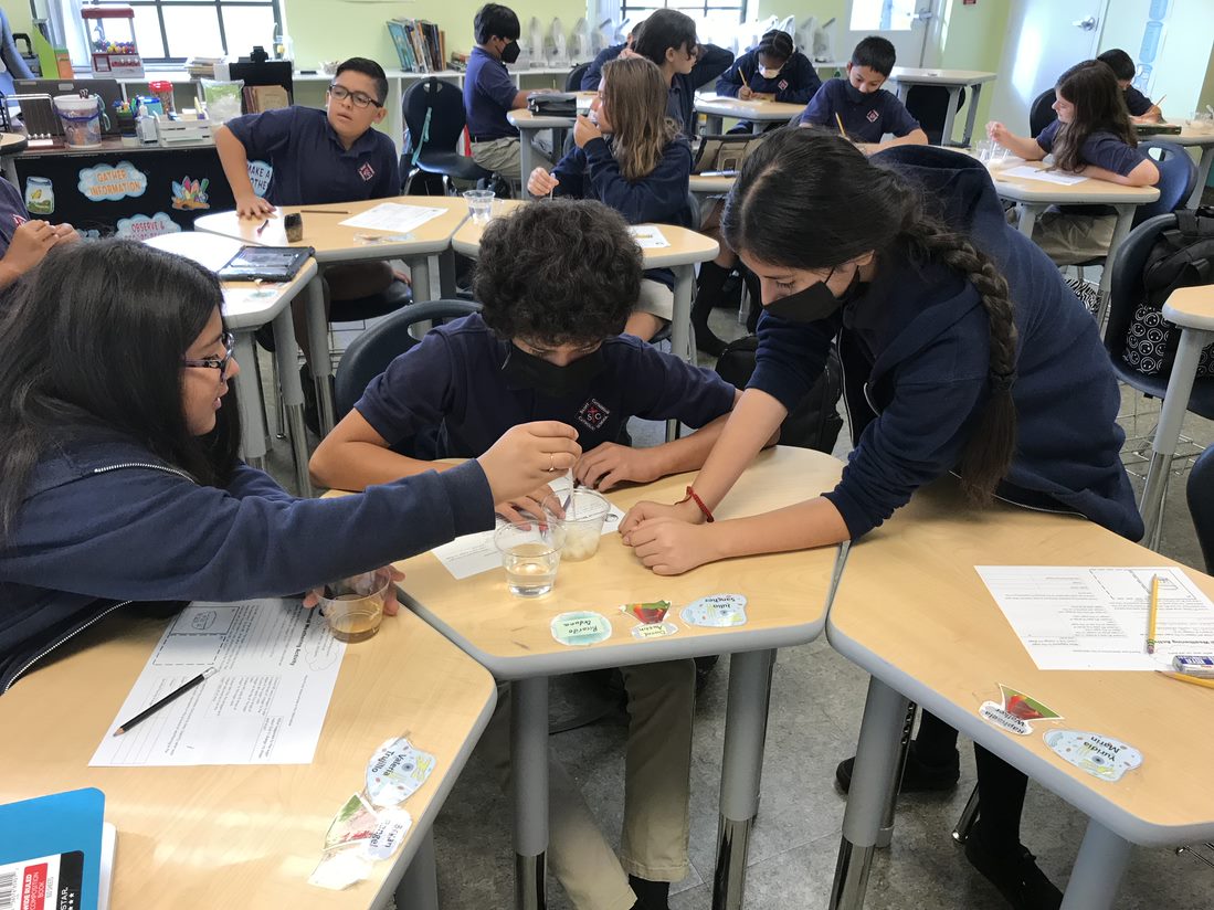Valeria, Julio, and Yuridia use vinegar and water to simulate chemical and mechanical weathering.