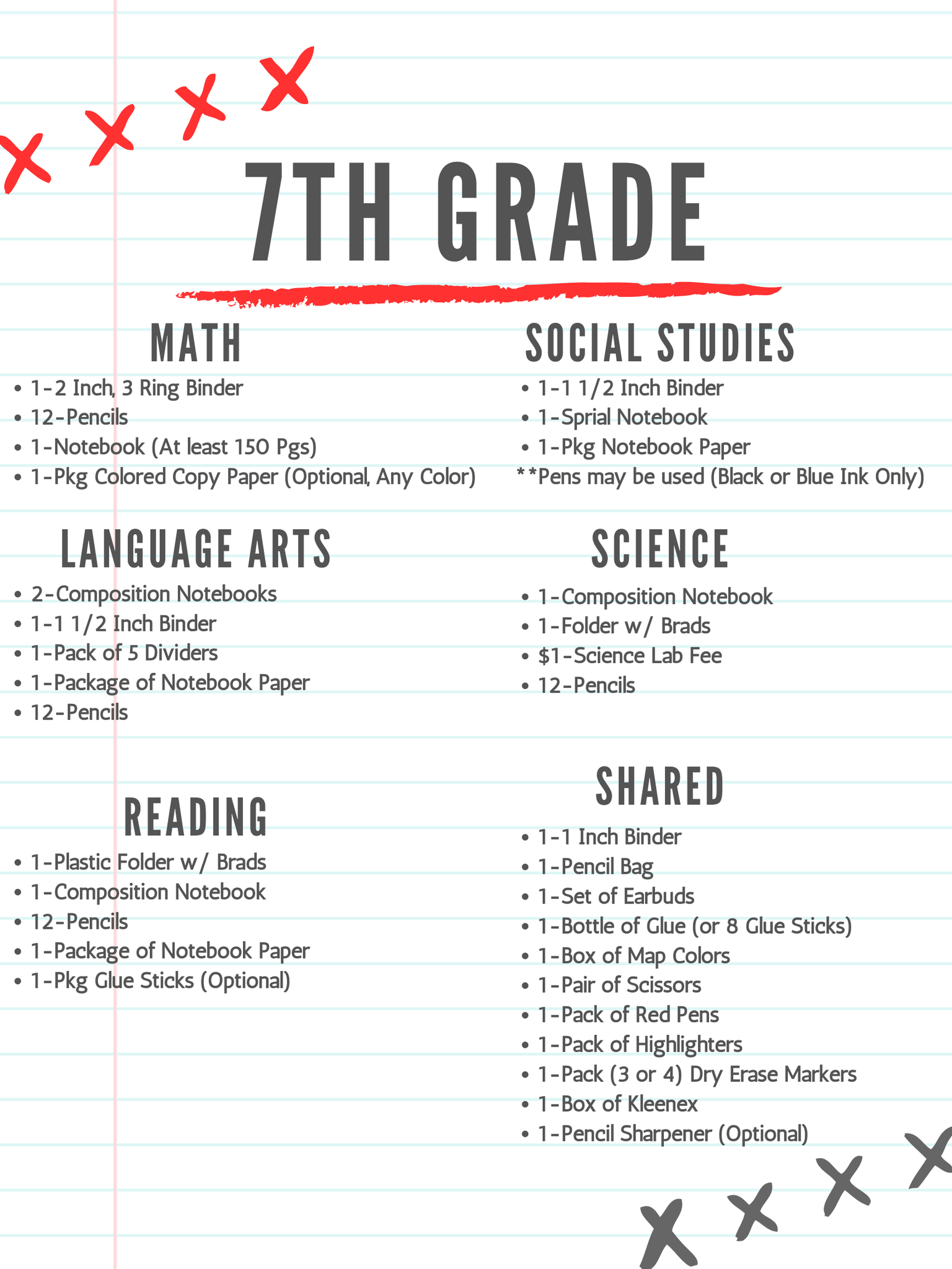 7th Grade Supply List
