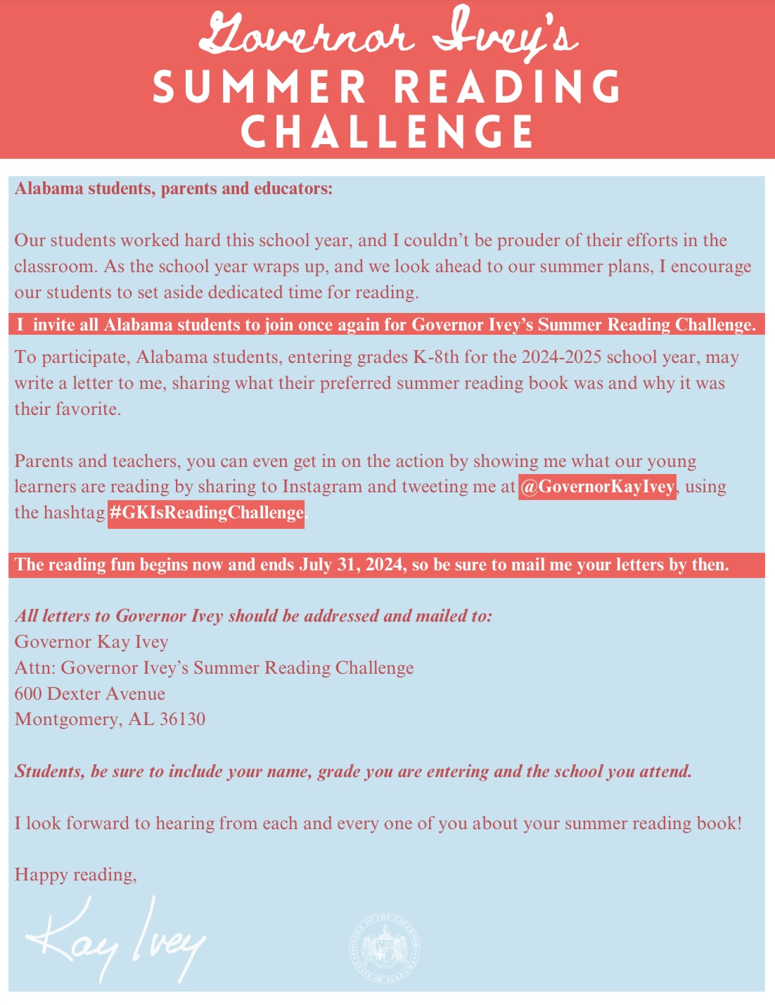 Governor Ivey's Summer Reading Challenge Flyer