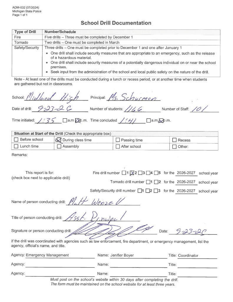 Midland High School fire drill form 2026-2027