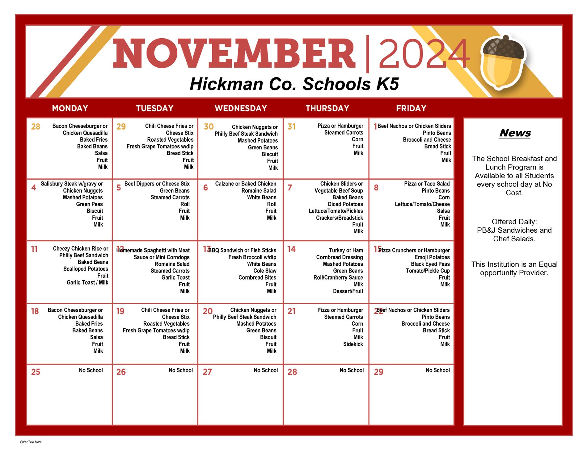 Lunch menus for the elementary & intermediate schools