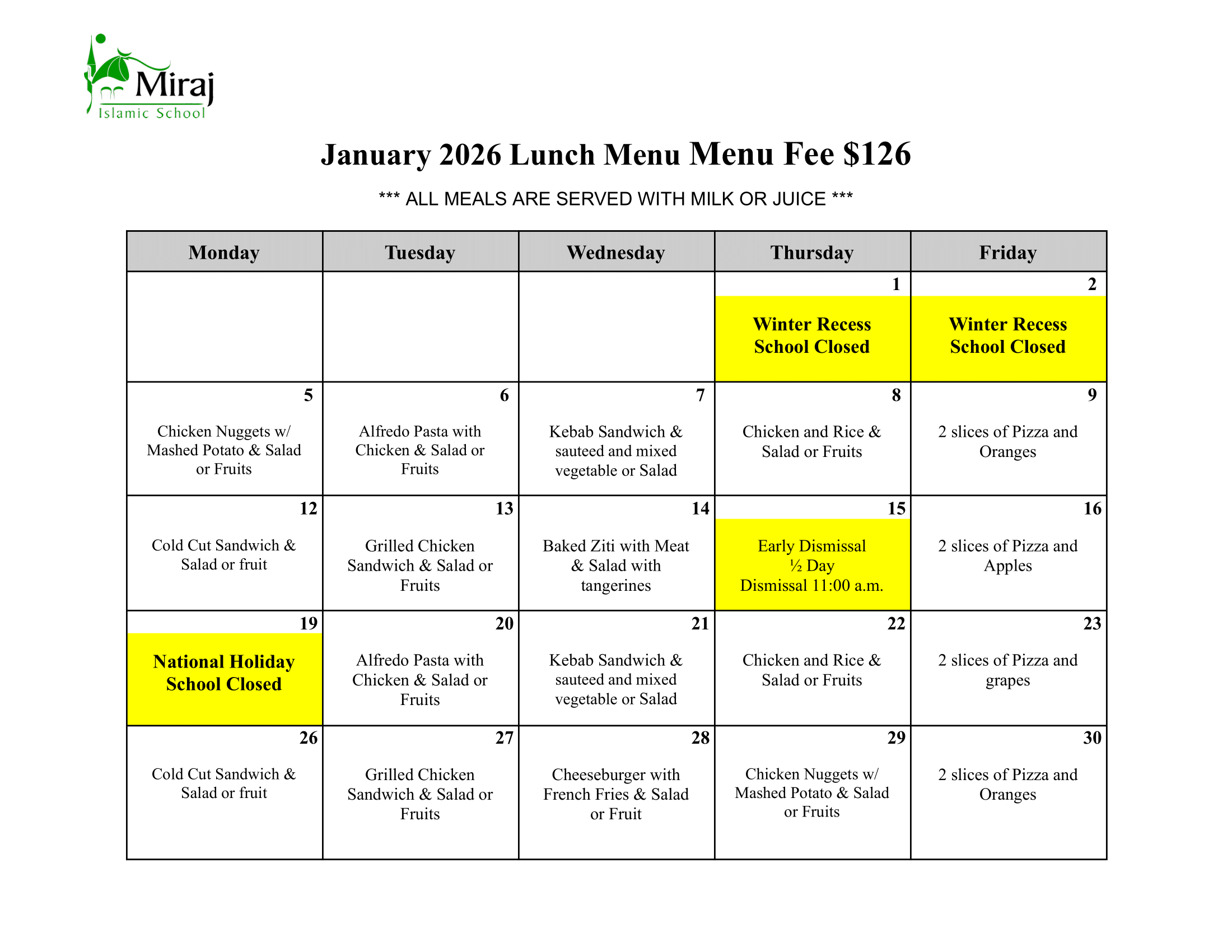January Lunch Menu January Lunch Menu