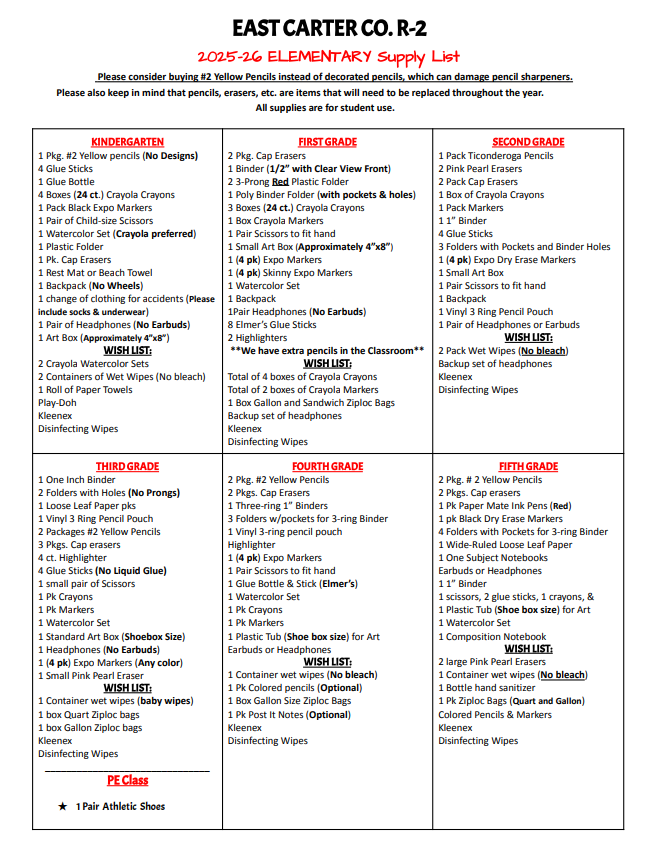 elementary supply list