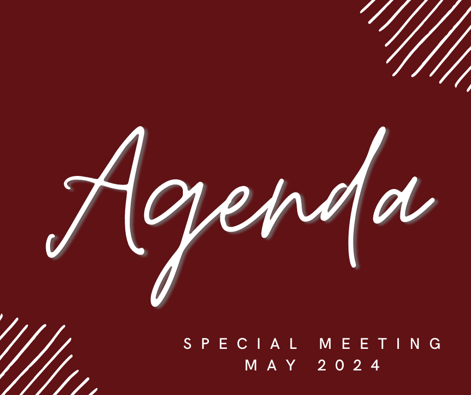 Maroon graphic with white words "Agenda" and "Special Meeting May 2024"