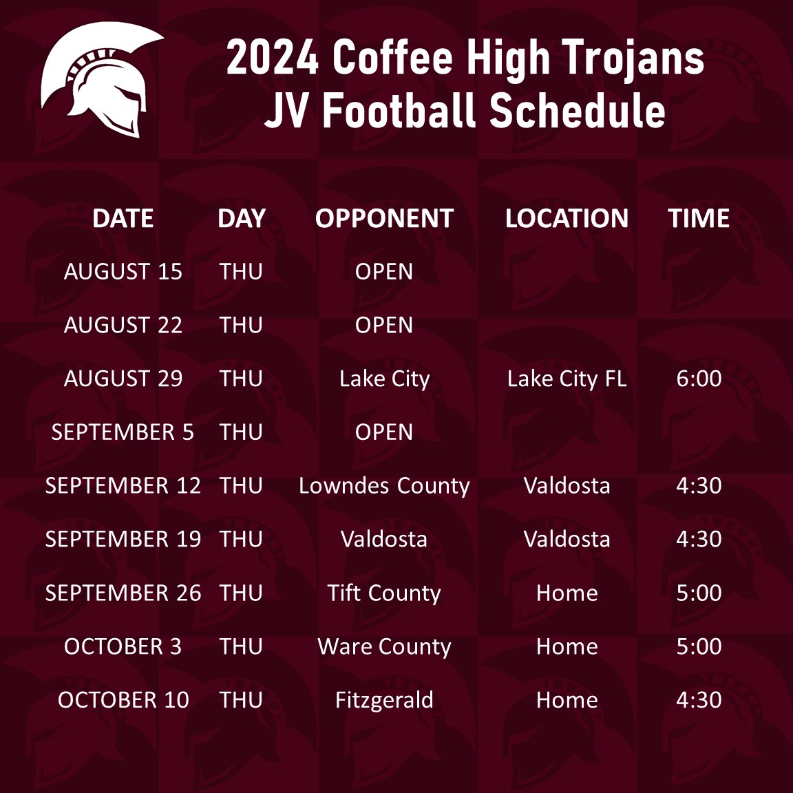 2024 Coffee High Trojans JV Football Schedule