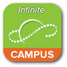 Green background with an orange stripe at the bottom. White text reads Infinite Campus