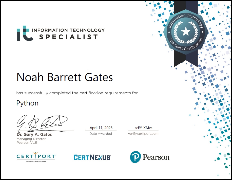 Noah Barrett Gates' ITS Python Certification