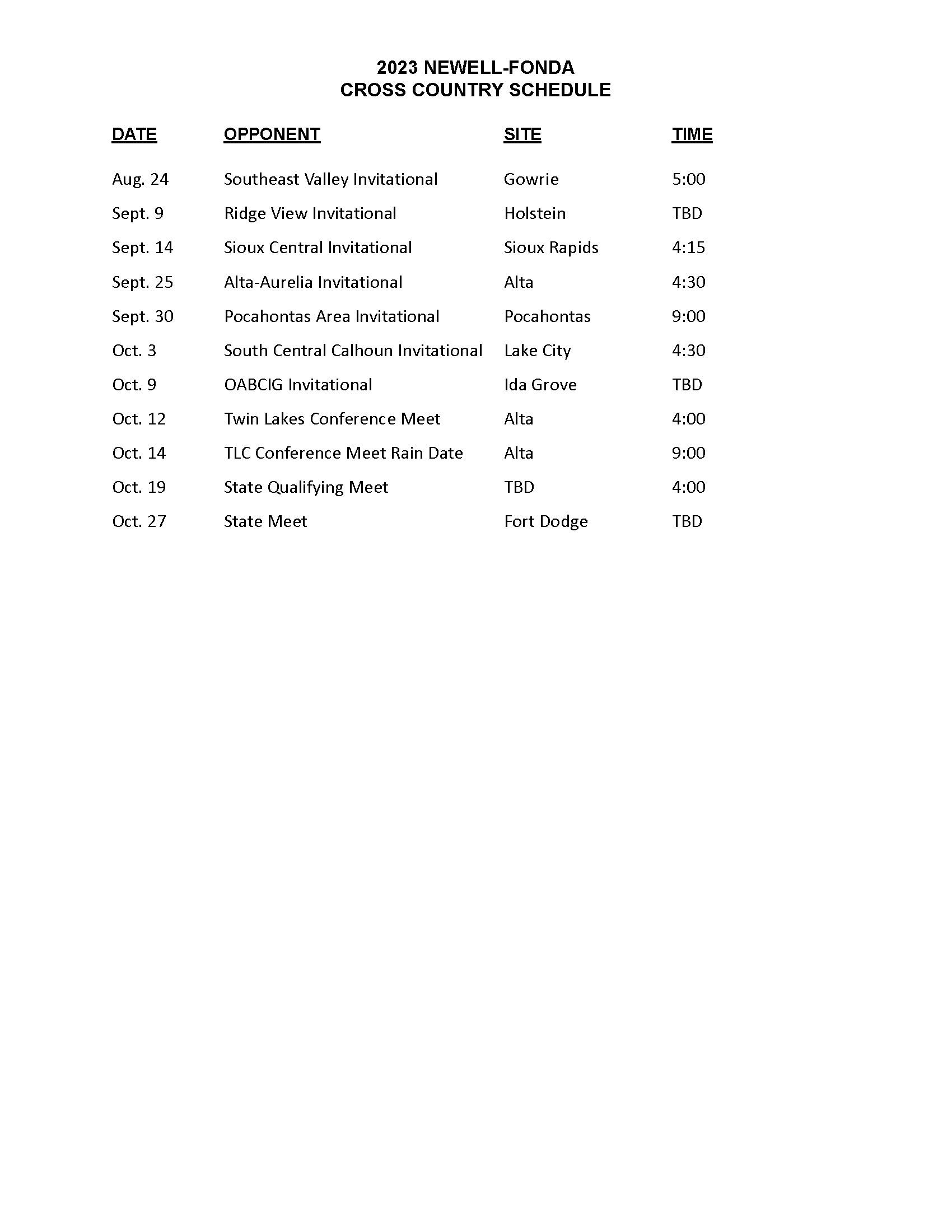 Cross Country Schedule 2023