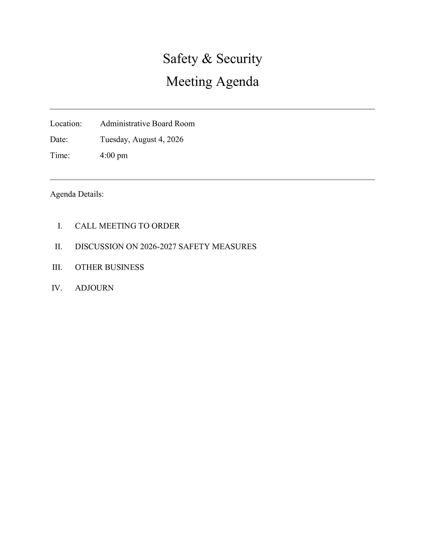 Safety Agenda Safety Agenda