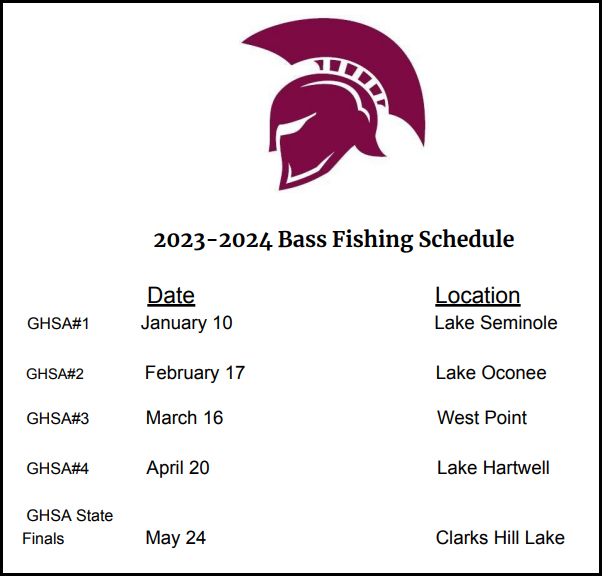 2023-2024 CHS Bass Fishing Schedule