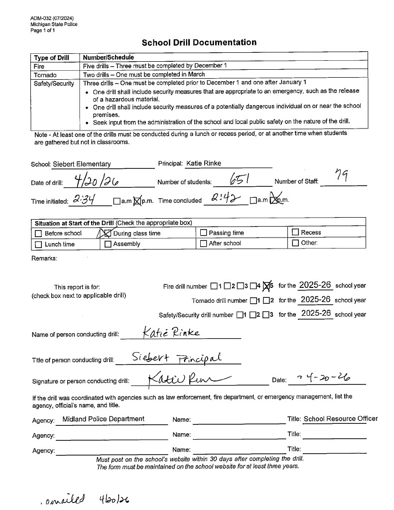 Form for Siebert Elementary's fourth fire drill of 2025-2026
