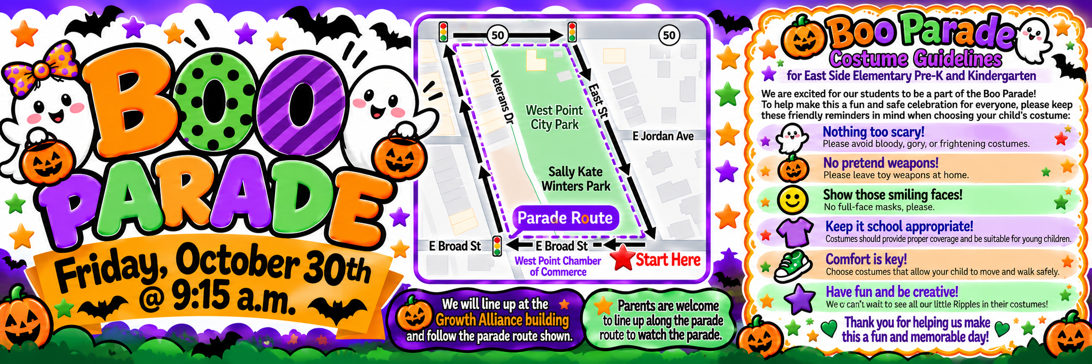 East Side Elementary Boo Parade flyer announcing the Friday, October 30 parade at 9:15 a.m., including the parade route and costume guidelines for Pre-K and Kindergarten students.