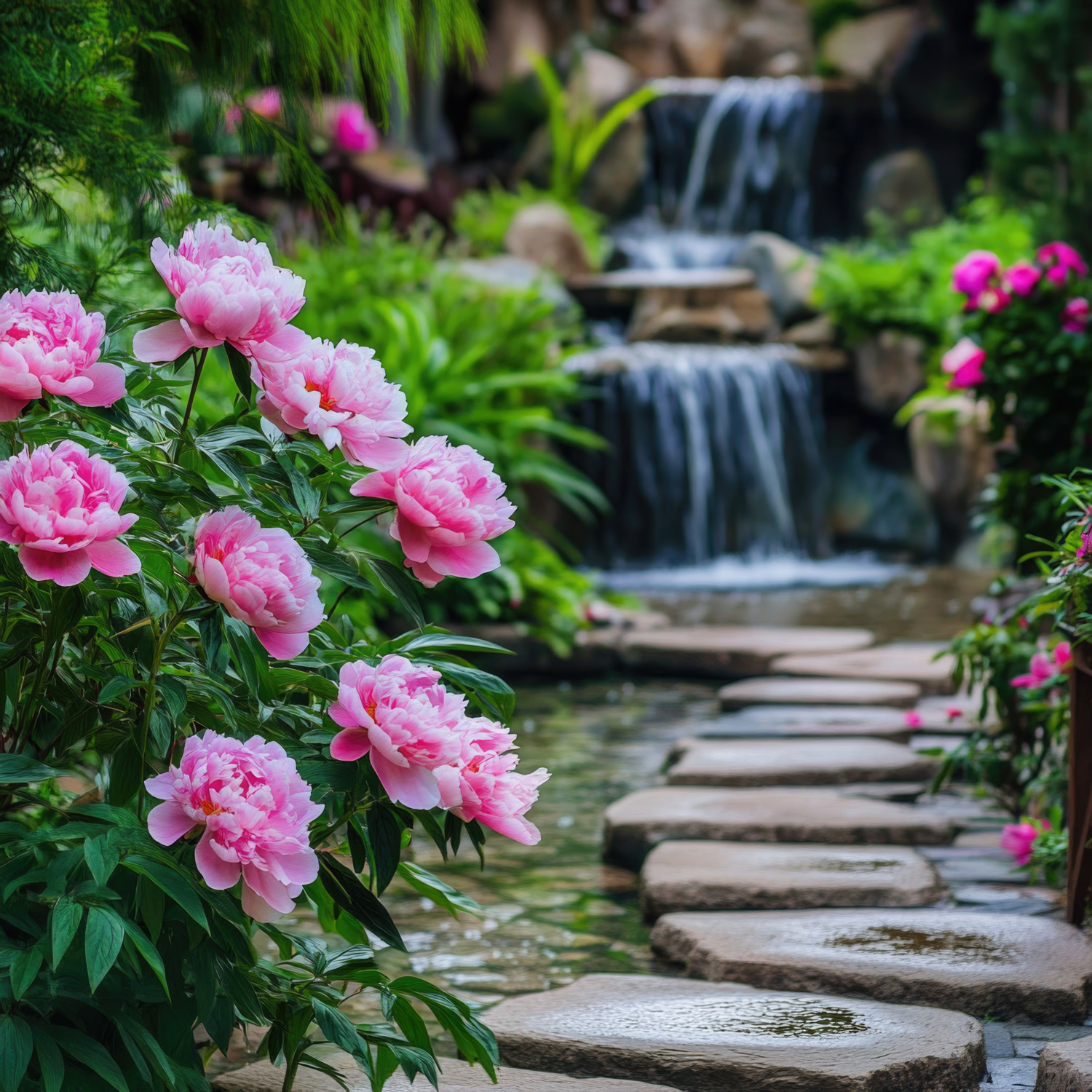 Stepping Stones waterfalls and peonies