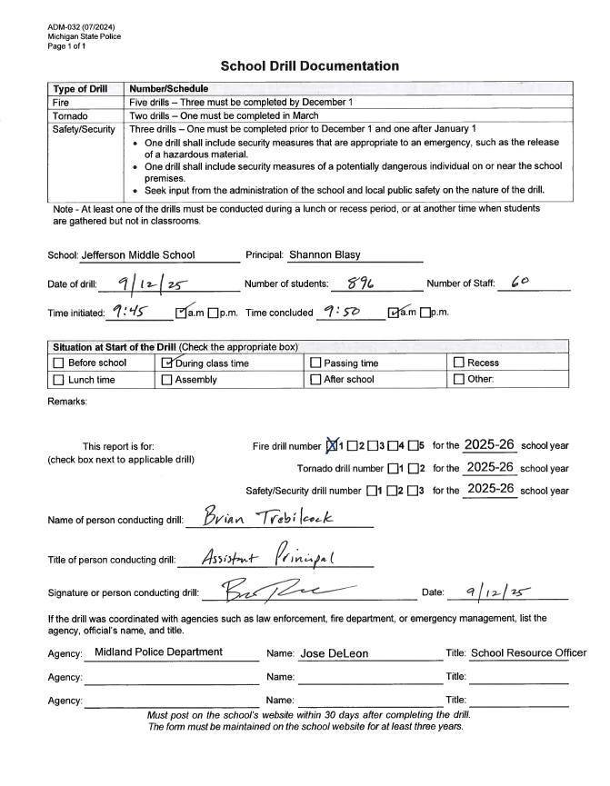 Form for Jefferson Middle School's first fire drill of 2025-2026